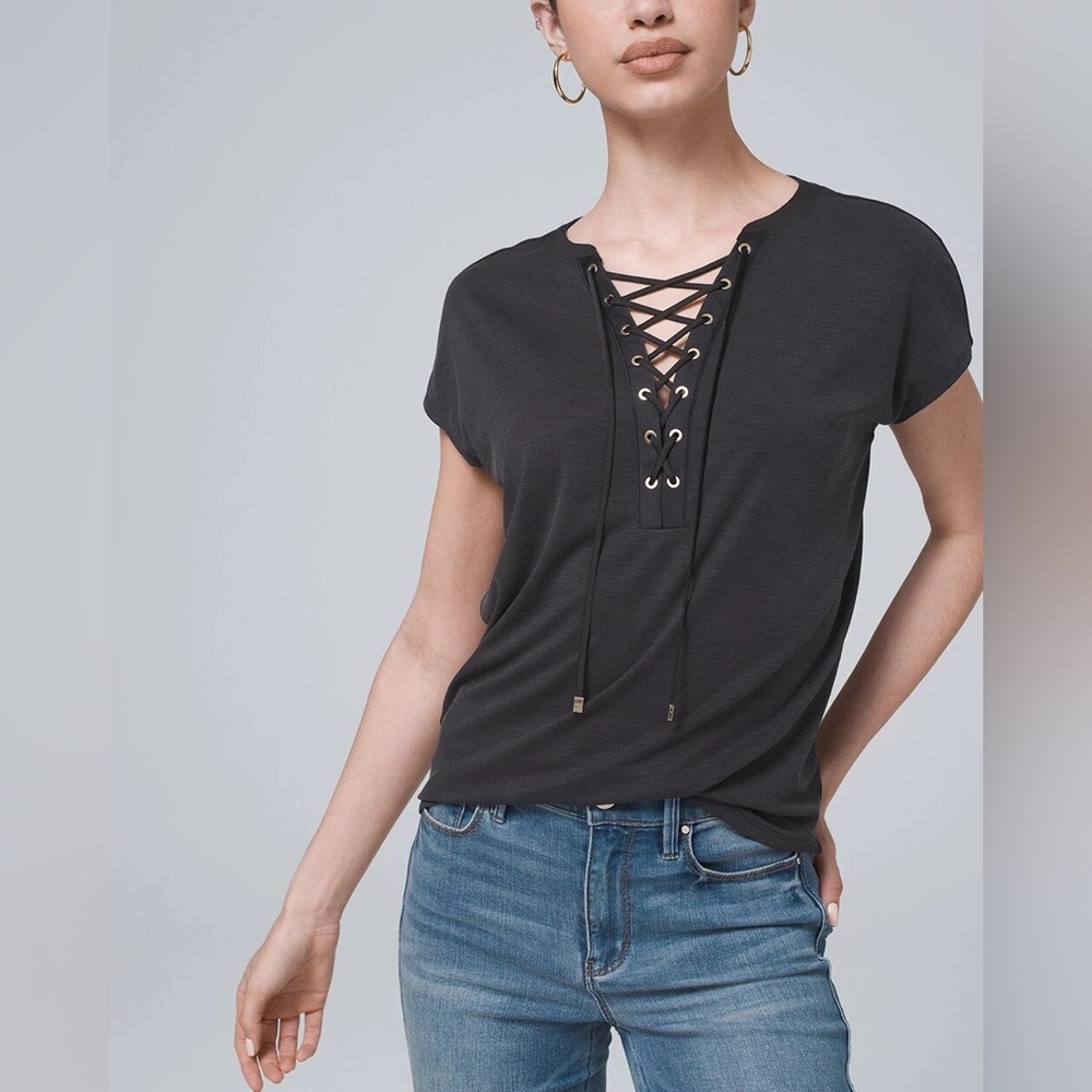 NWT White House black market sandwash lace up tee charcoal black size small